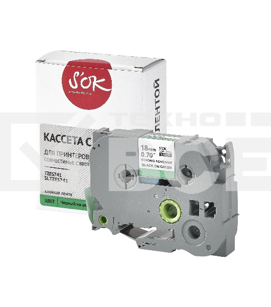 Кассета с лентой S'OK by Sakura Printing TZES741 для Brother, черный на зеленом, 18мм/8м, наклейка