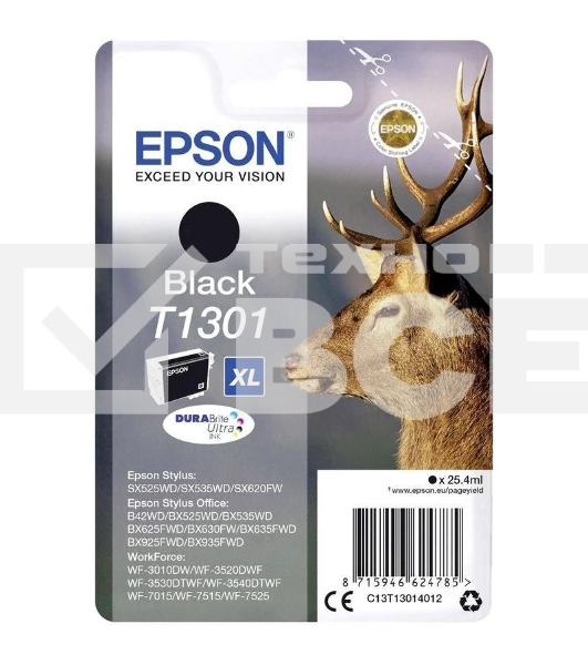 Картридж струйный Epson T1301 (C13T13014012/C13T13014010) черный, 25.4 мл, для SX520WD/SX620FW/BX525WD/BX625FWD