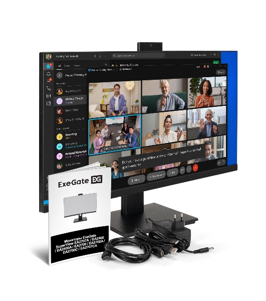 Монитор со встроенной веб-камерой и аудио выходом 27' WQHD 165Гц ExeGate SuperView EA2707A (IPS LED Grade A+, 2560x1440@165Гц (WQHD), 16:9, 250cd/m2, 1000:1, 178°/178°, 1ms, 2xHDMI2.0, DisplayPort, USB (для подключения веб-камеры) + USB (для зарядки), audio-out, FHD веб-камера 2MP, микрофон, Flicker-free, FreeSync, Low Blue Light, кабель HDMI 1.5м, VESA, регулировка наклона (tilt), черный)