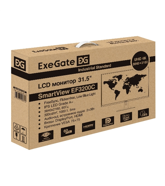 Монитор 31.5' ExeGate SmartView EF3200C IPS 3840x2160, 60 Гц, 5 мс, 16:9, 300 кд/м², HDMI 2.0, DP, 3.5 Jack, USB Hub, динамики (2x3 Вт), HDR10, FreeSync, черный