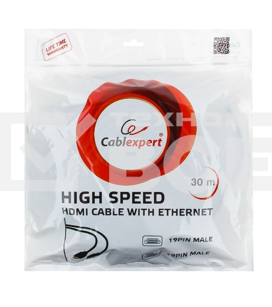 Кабель Cablexpert HDMI CC-HDMI4-30M, 19M/19M, v1.4, медь, позол.разъемы, экран, усилитель сигнала, 30м, черный, пакет