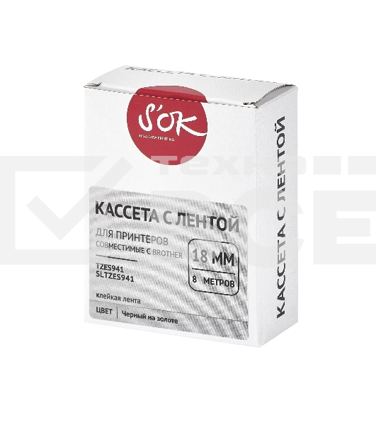 Кассета с лентой S'OK by Sakura Printing TZES941 для Brother, черный на серебре, 18мм/8м, наклейка