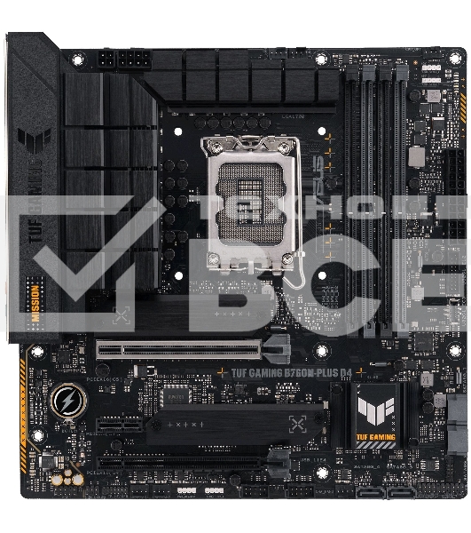 Материнская плата ASUS TUF GAMING B760M-PLUS D4, LGA1700, Intel B760, 4xDDR4, 4xSATA, 2xM.2, 1xPCIe 5.0 x16, 1xPCIe 4.0 x4, 1xPCIe 4.0 x1, 1xDP, 1xHDMI, 1x2.5Gb LAN, Wi-Fi, Bluetooth, 1xUSB-C 20Gbps, 4xUSB-A 10Gbps, 1xUSB-A 5Gbps, 2xUSB-A 2.0, 5x3.5 мм, 7