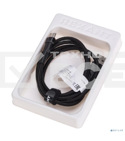 Кабель Rexant USB-A - Type-C, 3А, 18Вт, 1м, в черной нейлоновой оплетке, с LED подсветкой