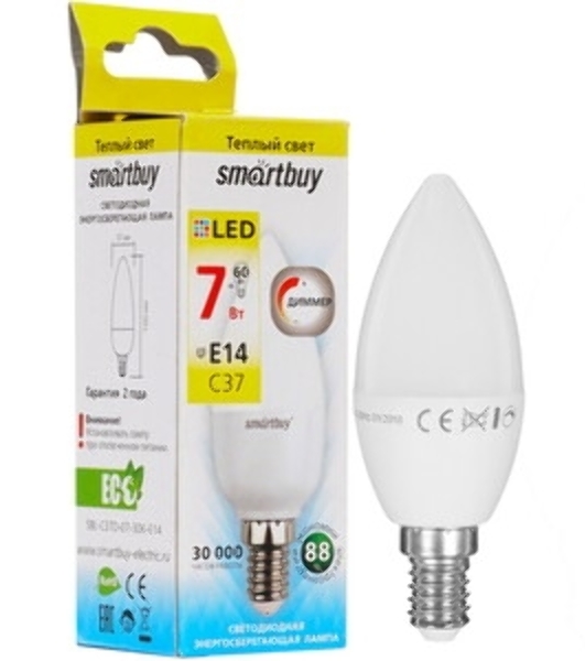 Светодиодная (LED) лампа Smartbuy C37-07W/3000/E14 (Диммер) (SBL-C37D-07-30K-E14)