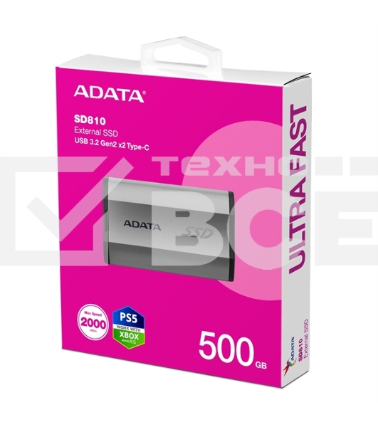 Внешний SSD ADATA SD810, 500 Gb, USB 3.2 Gen 2x2 Type-C, R/W 2000/2000, серебристый