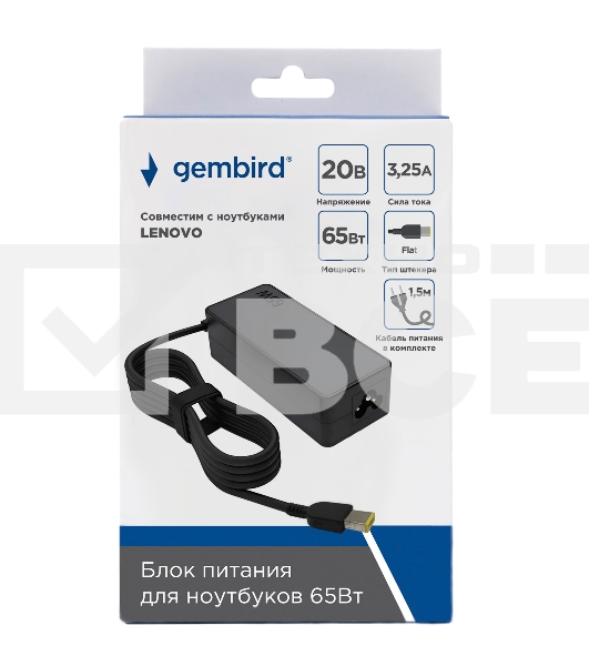 Блок питания Gembird для ноутбуков Lenovo NPA-AC27 20В/3,25А, 65Вт, штекер Flat
