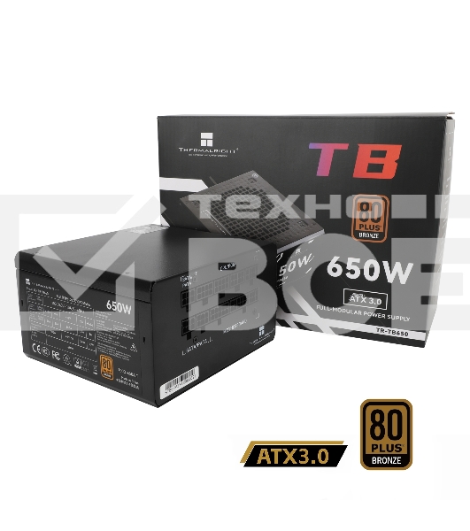 Блок питания Thermalright, 650W 80+ Bronze (ATX, 3.0, Full modular, 1x24(20+4)pin, 2xCPU 8(4+4)pin, 4xPCIe*2 8(6+2)pin, 3xSATA3, 3xMOLEX4pin, Active, 120x120mm, 150x140x86mm, APFC, black)