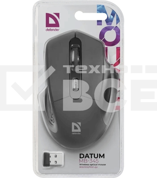 Мышь беспроводная Defender Datum MB-345 черный, 1600 dpi, радиоканал, USB, кнопки - 4