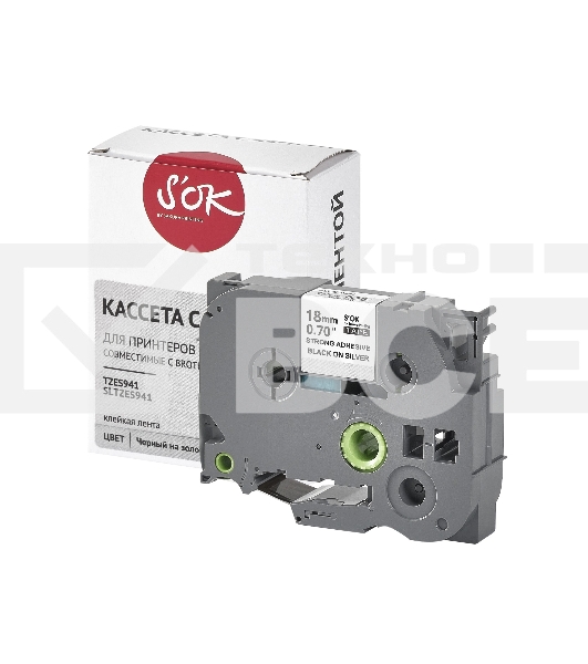 Кассета с лентой S'OK by Sakura Printing TZES941 для Brother, черный на серебре, 18мм/8м, наклейка