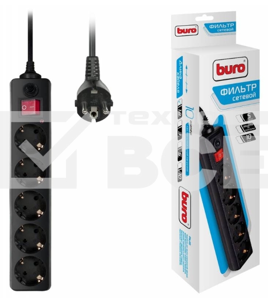 Сетевой фильтр Buro 500SH-1.8-B 1.8м (5 розеток) черный (коробка)