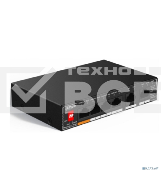 Коммутатор гигабитный 6-портовый неуправляемый c PoE Dahua DH-SG1006P, 4xRJ45 1Gb PoE, 2xRJ45 1Gb uplink, суммарно 60Вт, коммутация 14 Гбит/с, MAC-таблица 2K, металл