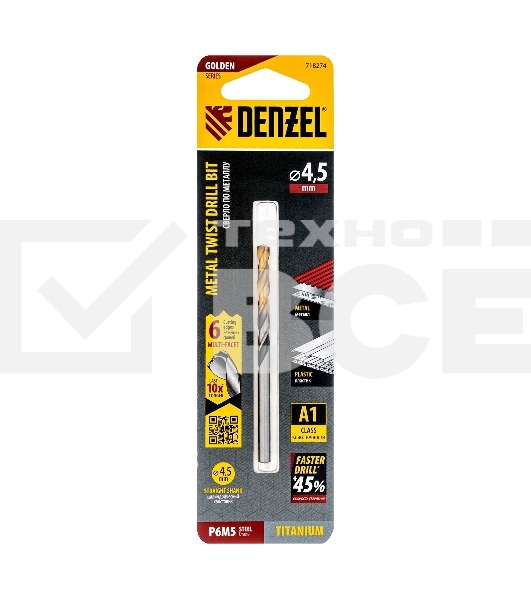 Сверло спиральное по металлу 4,5 x 80мм, Р6М5, Golden Tip, многогранная заточка Denzel