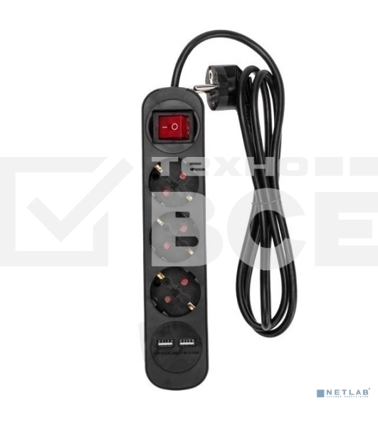 Удлинитель STANDARD 3 гнезда, 3м, 3х1,0мм², с/з, с выключателем, 2 USB, черный Rexant