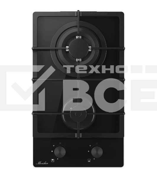 Варочная поверхность MONSHER MGG 33 NoirR, газ, High-Tech, 30 см, автоматический электроподжиг, газ-контроль, форсунки под сжиженый газ, SABAF конфорки, чугунные решетки, цвет черный
