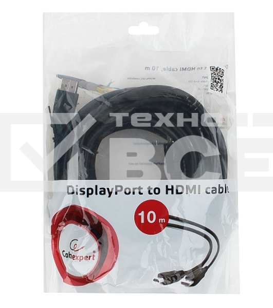 Кабель CablexpertDisplayPort->HDMI, 10м, 20M/19M, черный, экран, пакет