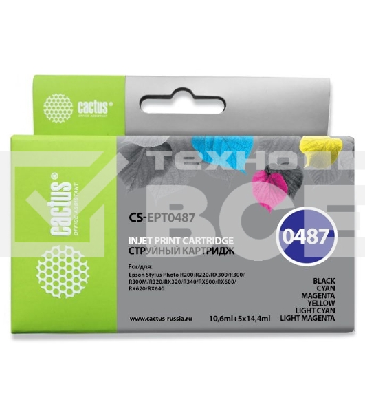 Картридж струйный Cactus CS-EPT0487 многоцветный (88 мл) для Epson Stylus Photo R200/R220/R300/R320/R340/RX500/RX600/RX620/RX640