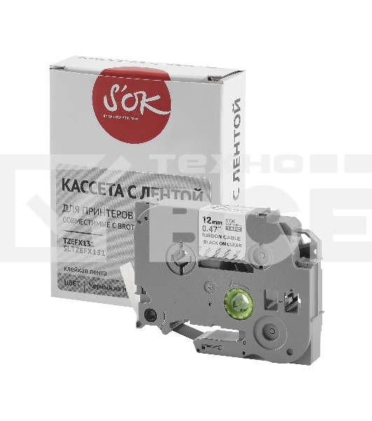 Кассета с лентой S'OK by Sakura Printing TZEFX131 для Brother, черный на прозрачном, 12мм/8м, наклейка