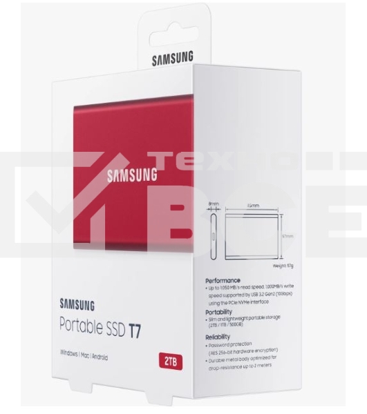 Твердотельный накопитель Samsung SSD 2TB T7, USB Type-C, R/W 1000/1050MB/s, красный