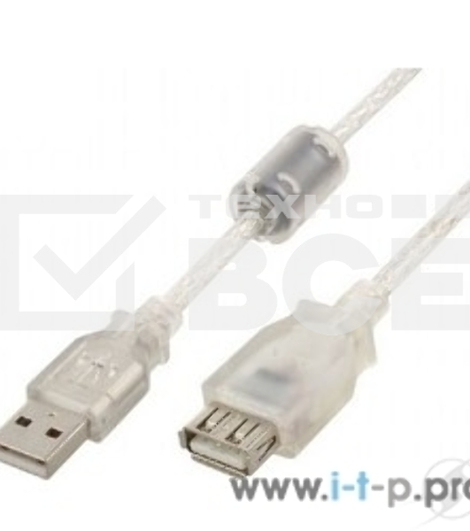 Кабель удлинитель USB2.0 Pro Cablexpert CCF-USB2-AMAF-TR-2M, AM/AF, 2м, экран, 2феррит.кольца, прозрачный, пакет