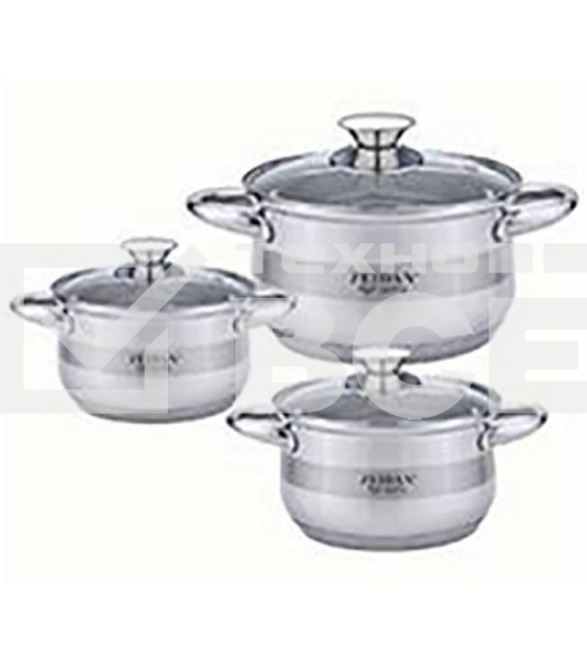 Набор посуды Zeidan Z-50632 6 предм.: кастрюля с/кр 2,0л (16 см), кастрюля с/кр 3,0л (18 см), кастрюля с/кр 4,0л (20 см), нержавеющая сталь, комбинированная полировка снаружи, зеркальная полировка внутри, шкала литража, крышки - стекло, 5-ти СТЕПОВОЕ КАПС