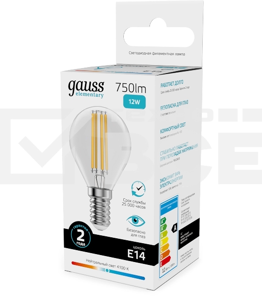 Лампа филам. Gauss Filament 12Вт цок.:E14 шар св.свеч.бел.нейт. (упак.:10шт) (52122)
