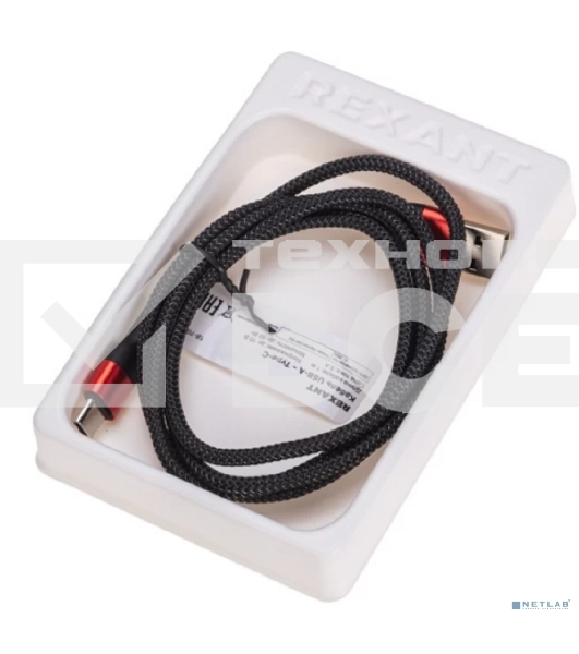 Кабель Rexant USB-A - Type-C, 5А, 50Вт, 1м, в черной нейлоновой оплетке