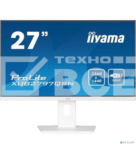 Монитор 27' Iiyama ProLite XUB2797QSN-W2 IPS 2560x1440, 100 Гц, 1 мс, 16:9, 300 кд/м², HDMI 2.0, DP 1.4, 3.5 Jack, USB-C (65 Вт), USB Hub (3x USB 3.0), Ethernet, динамики (2x2 Вт), Adaptive-Sync, белый