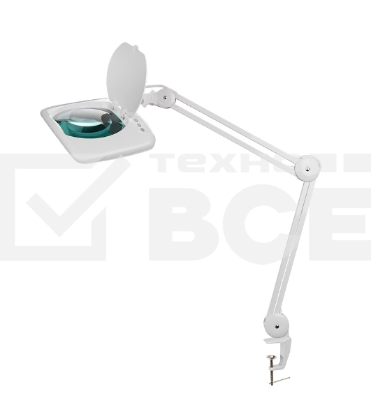 Лупа на струбцине Rexant, квадратная, 5D, с подсветкой 60 SMD LED, сенсорный регулятор яркости, белая