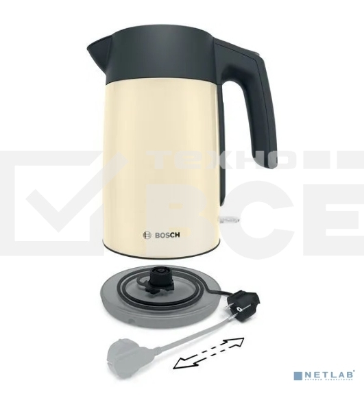 Чайник Bosch TWK7L467, 1.7л, 2400 Вт., нерж.сталь, покрытая эмалью, бежевый, шкала уровня воды