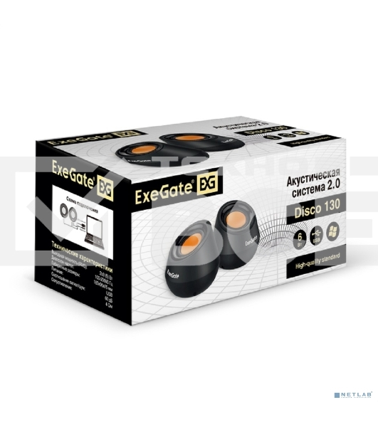 Акустическая система 2.0 ExeGate EX287060RUS Disco 130 (питание USB, 2х3Вт (6 Вт RMS), 100-20000Гц, черный/оранжевый)