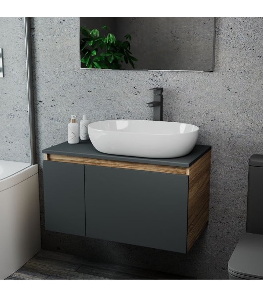 Комплект для ванной, 3 предмета (Тумба подвесная Bau Blackwood 80 графит + Раковина BAU 59х40, Смеситель высокий Hotel Black, черный)
