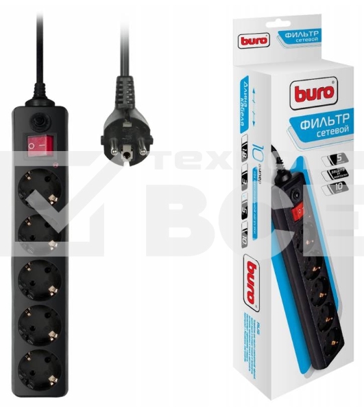 Сетевой фильтр Buro 500SH-5-B 5м (5 розеток) черный (коробка)