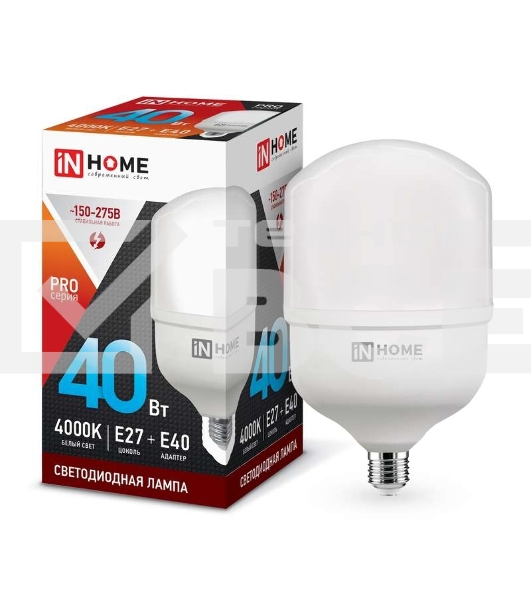 Лампа светодиодная LED-HP-PRO 40Вт 230В 4000К E27 3600лм с адаптером IN HOME 4690612031095