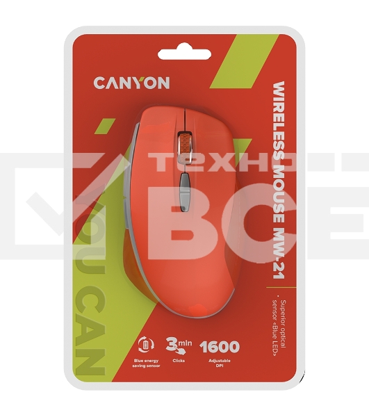 Мышь беспроводная Canyon MW-21 оранжевый, 1600 dpi, радиоканал, USB, кнопки - 7