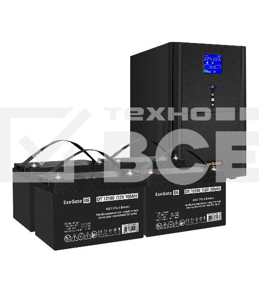 Комплект ИБП EX295991RUS + батарея 100Aч EX282985RUS 4шт (инвертор, синус, для котла) ExeGate SineTower SZ-5000.LCD.AVR.2SH.1C13.T.RJ.USB <5000VA/4000W, чистый синусоида, LCD дисплей, AVR, 2*Schuko+1*C13+клеммы, RJ45/11, USB, линейно-интерактивный, Black>