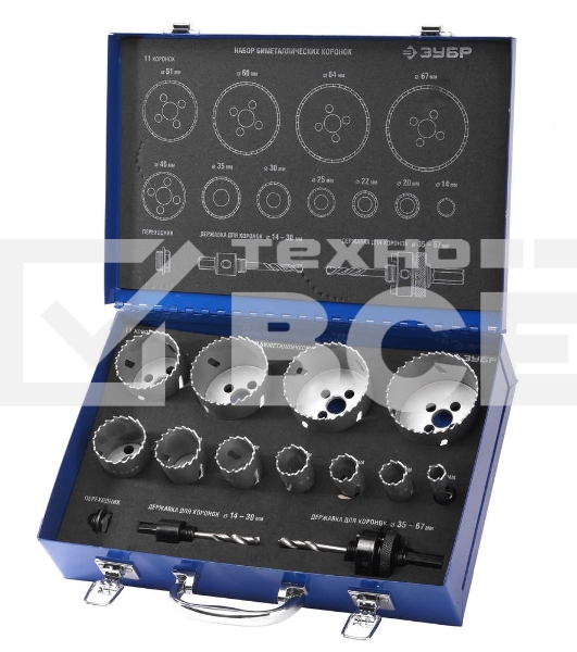 Набор коронок ЗУБР ЭКСПЕРТ 29531-H1Bi-metal глубина сверл.38мм d14/20/22/25/30/35/40/51/60/64/67мм