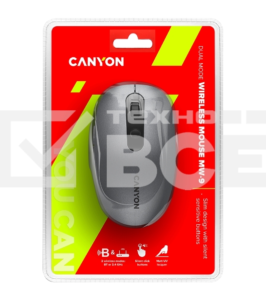 Мышь беспроводная Canyon MW-9 серый, 1600 dpi, радиоканал, Bluetooth, USB, кнопки - 6