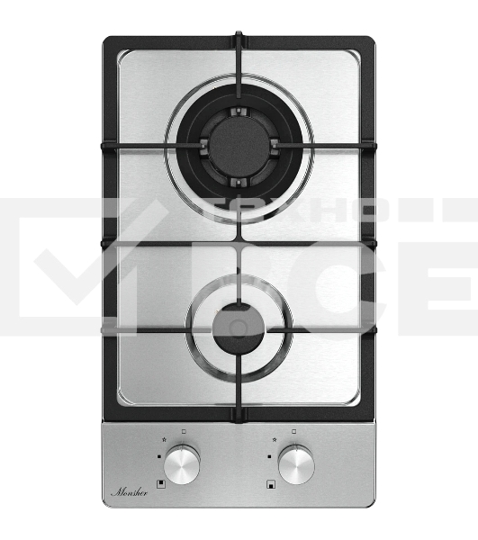 Варочная поверхность Monsher MSG 33 Acier, газ, High-Tech, 29 см, автоматический электроподжиг, газ-контроль, форсунки под сжиженый газ, SABAF конфорки, чугунные решетки, нержавеющая сталь