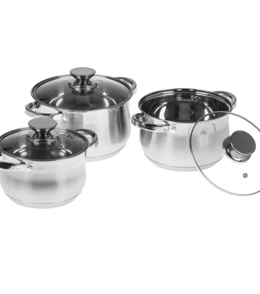 Набор посуды WEBBER BE-614/6 из нерж.стали 6 пр. 2,1 л, 2,9 л, 3,9 л со стеклянными крышками В наборе 6 предметов: кастрюля со стеклянной крышкой 16х10,5 см; 2,1 л кастрюля со стеклянной крышкой 18х11,5 см; 2,9 л кастрюля со стеклянной крышкой 20х12,5 см; 3,9 л Толщина стали 0,5 мм