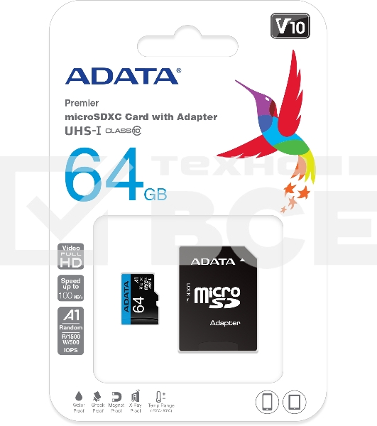 Флеш карта microSD 64GB ADATA microSDHC Class 10 UHS-I A1 100/25 MB/s (SD адаптер)
