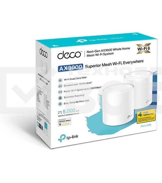 Система TP-Link Mesh AX3000 Whole Home Wi-Fi System, Wi-Fi 6, 2402Mbps (4 streams) at 5GHz and 574Mbps (2 streams) at 2.4GHz, 2 Gigabit ports of each unit, support OFDMA, MU-MIMO, 802.11k/v/r seamless roaming, support WPA3, HomecareTM system, easy setup a