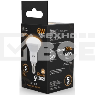Лампа светодиодная Gauss R50 6Вт цок.:E14 рефлек. 220B 3000K св.свеч.бел.теп. (упак.:10шт) (106001106)
