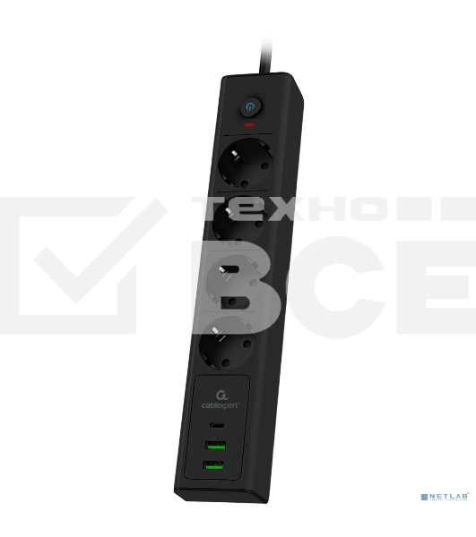 Сетевой фильтр Cablexpert Exnovo, EXN-4-CU2-B-2, 4р,16А, 1xType-C PD, 30Вт, 2хUSB, 2 м, ур. защиты 4+, черный, коробка