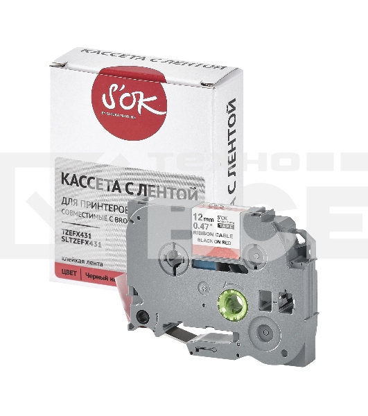 Кассета с лентой S'OK by Sakura Printing TZEFX431 для Brother, черный на красном, 12мм/8м, наклейка