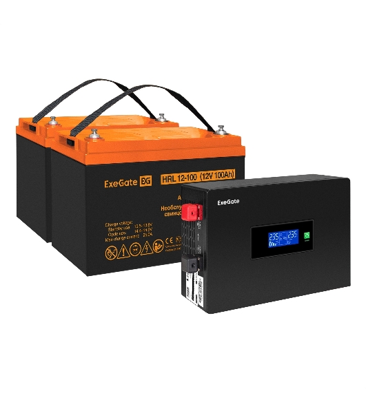 Комплект Источник бесперебойного питания EX295994RUS + батарея 100Aч EX285656RUS 2шт (инвертор, синус, для котла, PF=1, настенный) ExeGate IdealSine SR-1500.LCD.2SH 1500VA/1500W, чистая синусоида, цветной LCD-дисплей, 2*Schuko, крепление настенное, Black + батарея ExeGate HRL 12-100 (12В, 100А·ч) 2шт