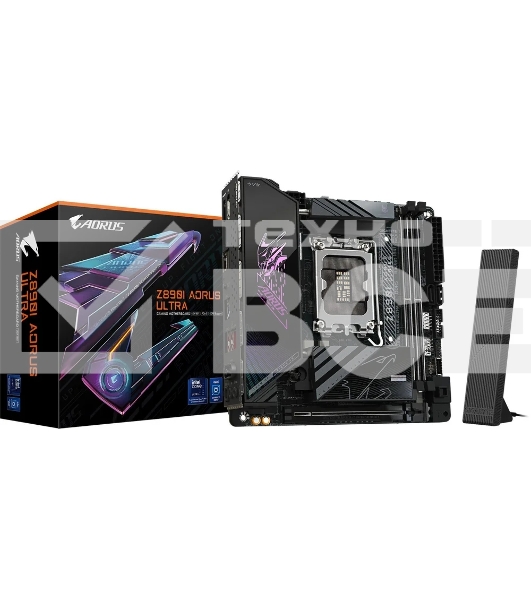 Материнская плата Gigabyte Z890I AORUS ULTRA, LGA 1851, Intel Z890, 2xDDR5, 2xSATA, 2xM.2, 1xPCIe 5.0 x16, 1xDP, 1xHDMI, 1xUSB-C, 1x Thunderbolt 4, 1x 2.5Gb LAN, 2xUSB-A 3.2 Gen 1, 3xUSB-A 3.2 Gen 2, 2x3.5 мм, TOSLINK, 7.1, 1xUSB4, Mini-ITX