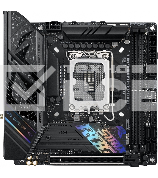 Материнская плата ASUS ROG STRIX B760-I GAMING WIFI, LGA 1700, Intel B760, 2xDDR5, 4xSATA, 2xM.2, 1xPCIe 5.0 x16, 1xHDMI, 1xDP, 1x 2.5Gb LAN, 3xUSB-A 2.0, 3xUSB-A 3.2 Gen 1, 1xUSB-C 3.2 Gen 1, 1xUSB-C 3.2 Gen 2x2, 5x3.5 мм, 7.1, Mini-ITX