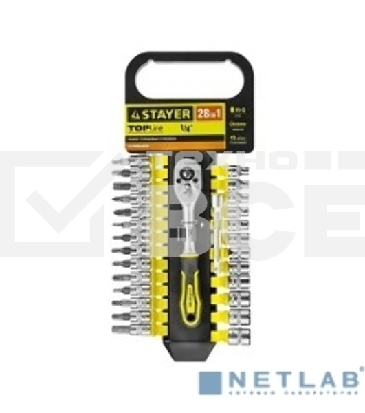 Набор головок STAYER 27754-H28 standard: 1/4 на пластик рельсе трещотка удл-тель 4-13мм 28пр.