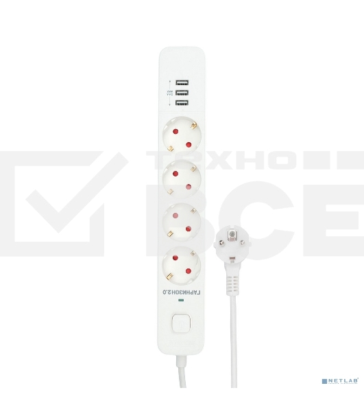Сетевой фильтр Гарнизон 2.0 Мультипорт EPS-4-U3-W-2, 4 р, 10А, 3xUSB, 2м, ур.защиты 2+, белый, пакет